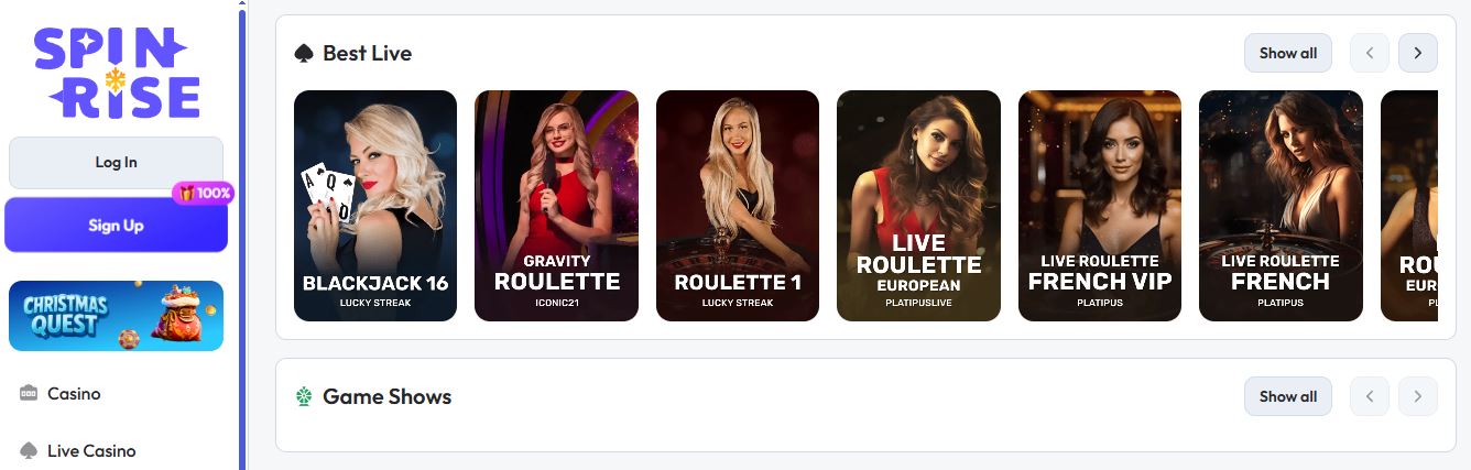 Join live roulette and blackjack tables at Spinrise